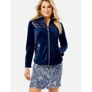 Lilly Pulitzer Leona Plush Zip‎ Up Fleece Jacket Women's XS Navy Blue Pockets
